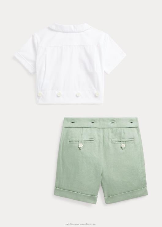 conjunto de camisa de algodón fruncido y pantalón corto de lino bebé verde claro/blanco Ralph Lauren 2XR2V7808