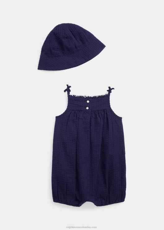 conjunto de shortall y gorro de seersucker bubble bebé azul marino refinado Ralph Lauren 2XR2V7803