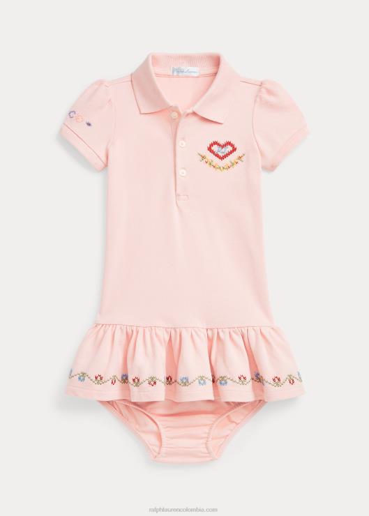 vestido tipo polo de malla bordado y bombacho bebé arena rosa Ralph Lauren 2XR2V8224