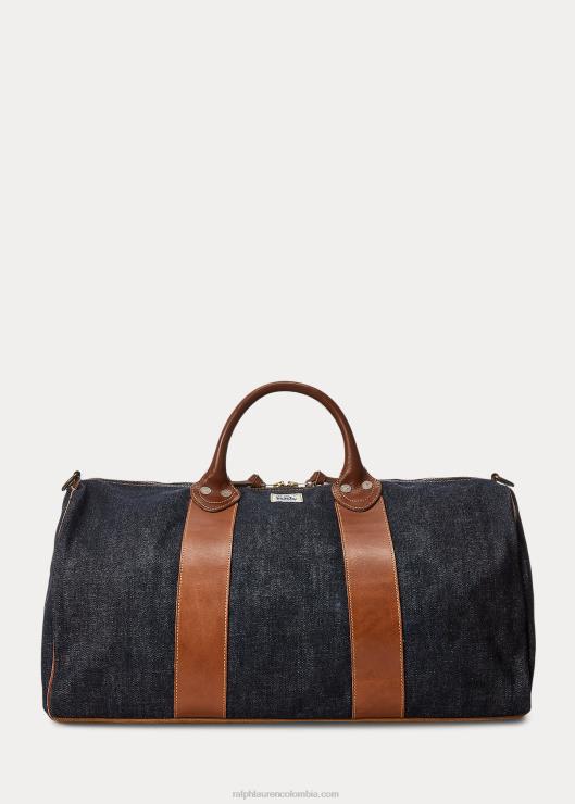 bolsa de lona de mezclilla con ribete de cuero hombres índigo Ralph Lauren 2XR2V8847