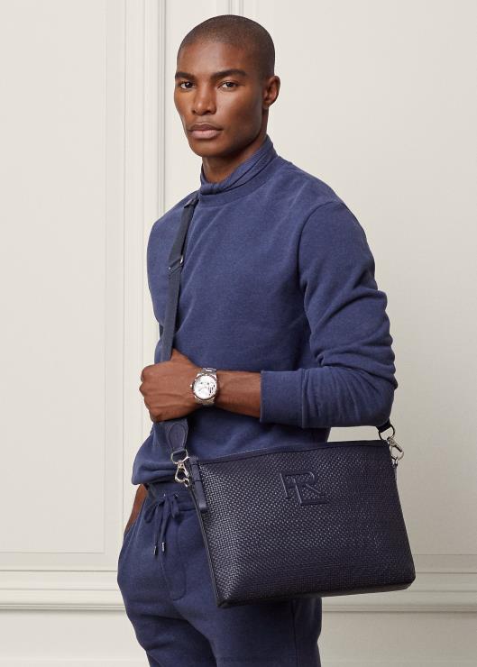 bolso messenger de piel de becerro tejida hombres presidente de la marina Ralph Lauren 2XR2V8960