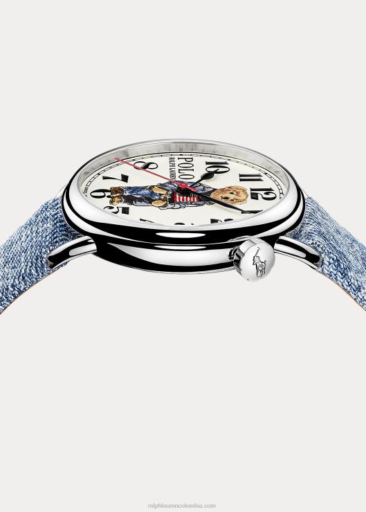 Reloj de 42 mm con diseño de oso polo con bandera vaquera hombres esfera blanca Ralph Lauren 2XR2V2800