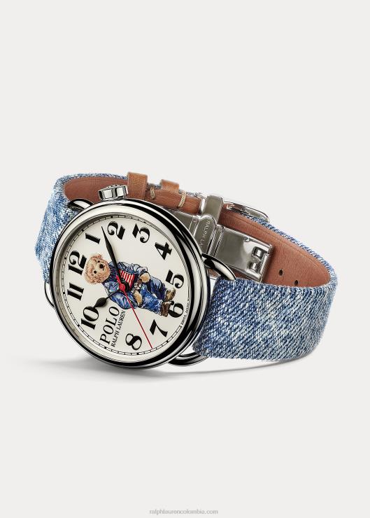 Reloj de 42 mm con diseño de oso polo con bandera vaquera hombres esfera blanca Ralph Lauren 2XR2V2800