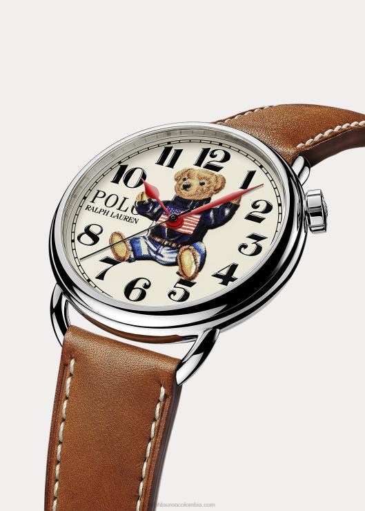 reloj de acero de 42 mm con oso de polo sentado hombres esfera blanca Ralph Lauren 2XR2V2799