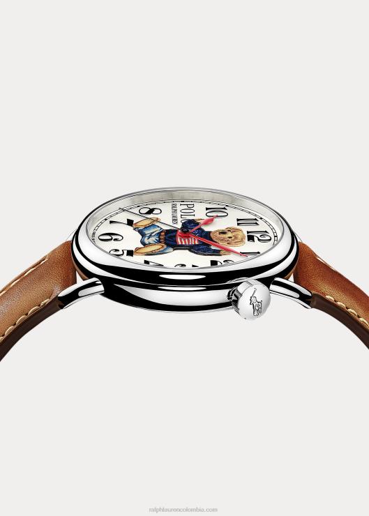 reloj de acero de 42 mm con oso de polo sentado hombres esfera blanca Ralph Lauren 2XR2V2799