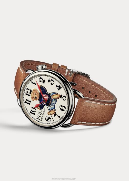 reloj de acero de 42 mm con oso de polo sentado hombres esfera blanca Ralph Lauren 2XR2V2799