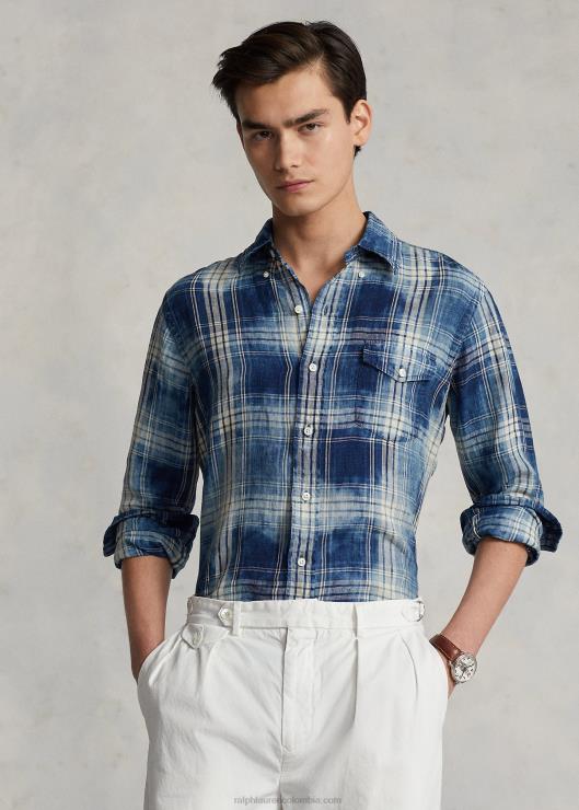 camisa de corte clásico de lino a cuadros hombres blanco índigo multicolor Ralph Lauren 2XR2V1148