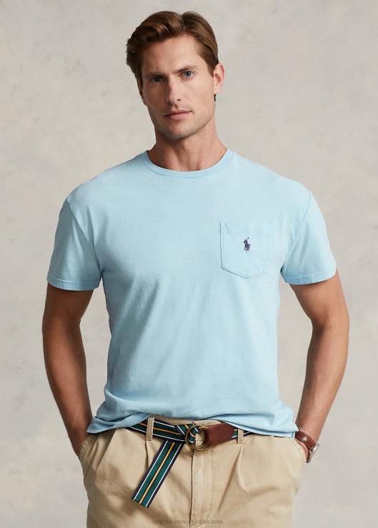camiseta classic fit de algodón y lino con bolsillo hombres azul pálido Ralph Lauren 2XR2V373