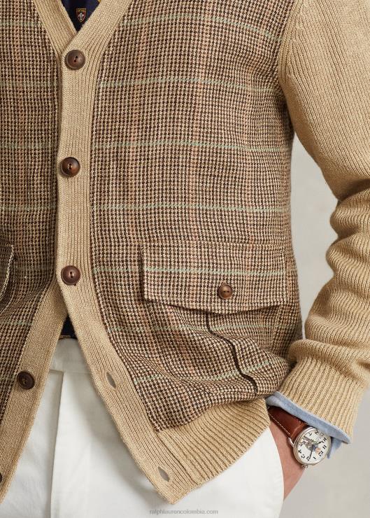 Cárdigan de lino y seda con paneles de cuadros glen hombres bronceado multi Ralph Lauren 2XR2V147