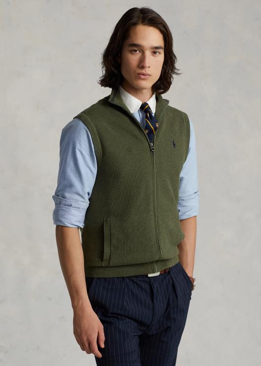 chaleco de algodón con cremallera completa hombres brezo oliva clásico Ralph Lauren 2XR2V781
