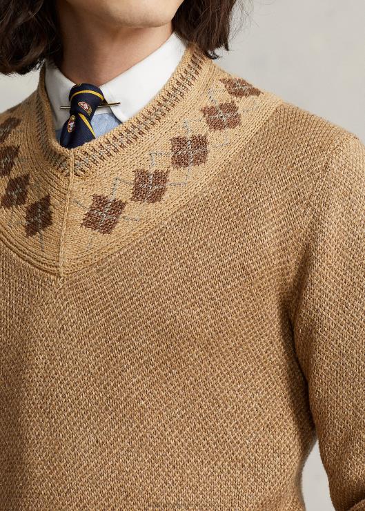 jersey de cricket de lino y seda con ribete de rombos hombres bronceado multi Ralph Lauren 2XR2V8441