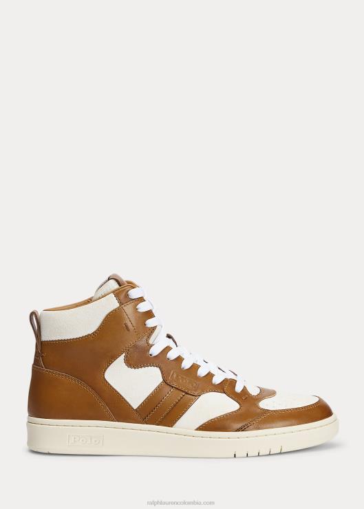 tenis altos Court de piel y ante hombres bronceado bruñido Ralph Lauren 2XR2V2003