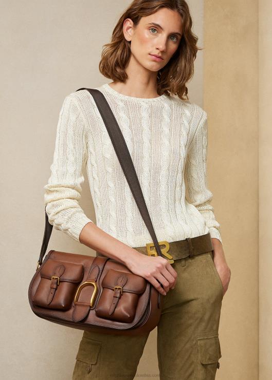 bolso de hombro Weington extragrande de piel de becerro mujer castaña Ralph Lauren 2XR2V5144