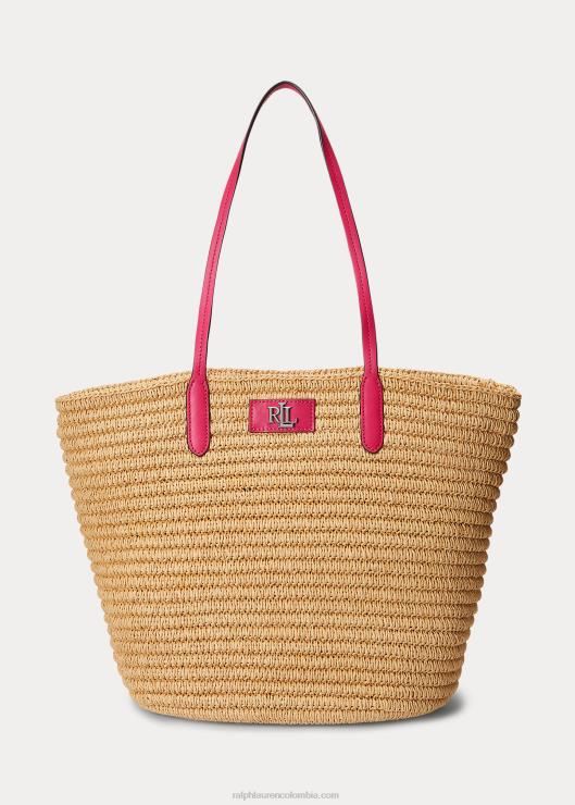 bolso shopper brie grande de paja con ribete de cuero mujer rosa natural/sport Ralph Lauren 2XR2V5422