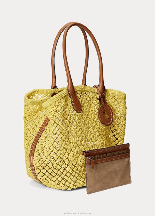 bolso tote campana grande de croché con ribete de cuero mujer pez luna amarillo Ralph Lauren 2XR2V5191