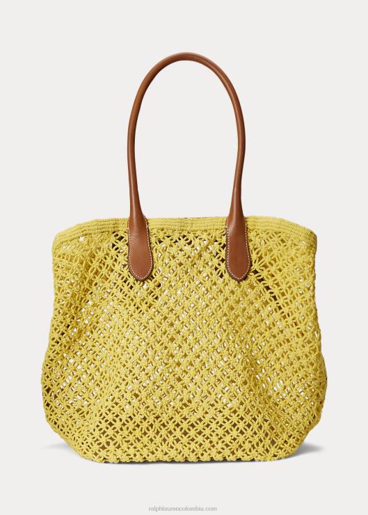 bolso tote campana grande de croché con ribete de cuero mujer pez luna amarillo Ralph Lauren 2XR2V5191