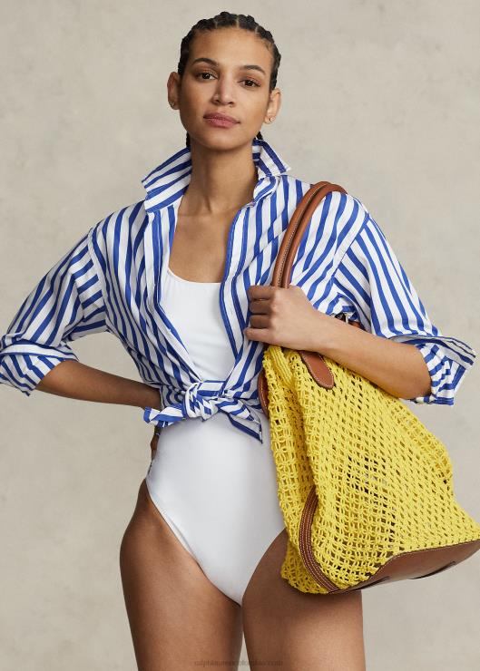 bolso tote campana grande de croché con ribete de cuero mujer pez luna amarillo Ralph Lauren 2XR2V5191