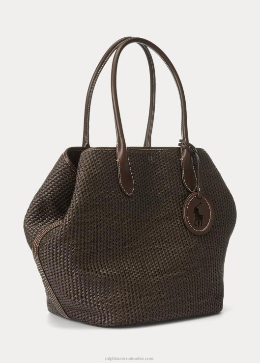 bolso tote campana grande de paja con ribete de cuero mujer chocolate Ralph Lauren 2XR2V5223