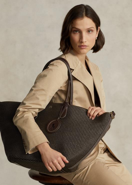 bolso tote campana grande de paja con ribete de cuero mujer chocolate Ralph Lauren 2XR2V5223