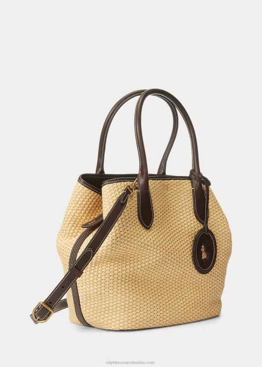 bolso tote de campana mediano de paja con ribete de cuero mujer natural Ralph Lauren 2XR2V5198