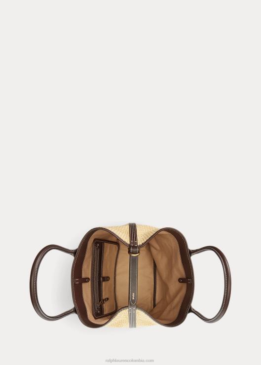 bolso tote de campana mediano de paja con ribete de cuero mujer natural Ralph Lauren 2XR2V5198