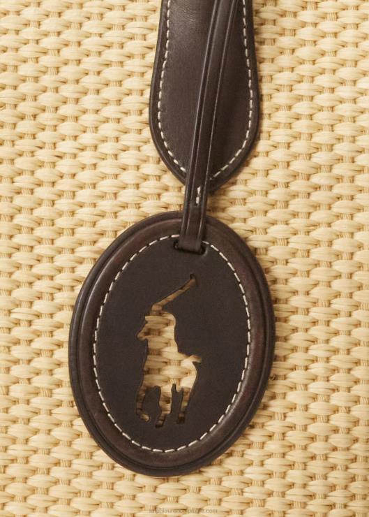 bolso tote de campana mediano de paja con ribete de cuero mujer natural Ralph Lauren 2XR2V5198