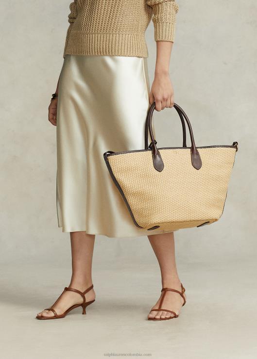 bolso tote de campana mediano de paja con ribete de cuero mujer natural Ralph Lauren 2XR2V5198