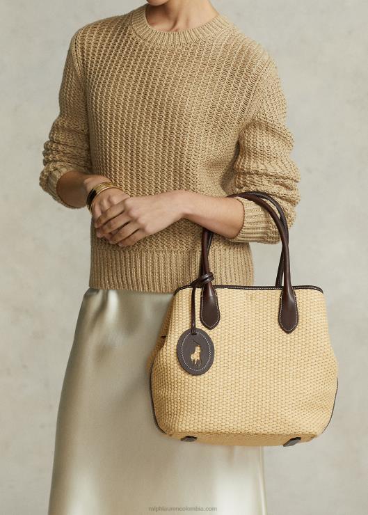 bolso tote de campana mediano de paja con ribete de cuero mujer natural Ralph Lauren 2XR2V5198