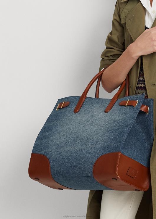 bolso tote devyn grande de mezclilla con ribete de cuero mujer lavado índigo al atardecer Ralph Lauren 2XR2V5426