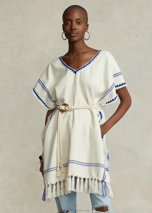 poncho estilo tabardo tejido con borlas mujer crema/azul Ralph Lauren 2XR2V5470