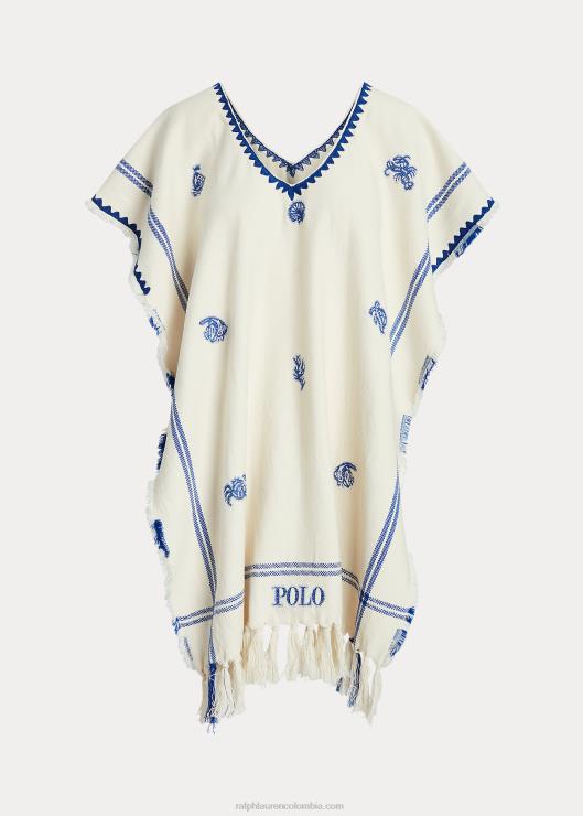 poncho estilo tabardo tejido con borlas mujer crema/azul Ralph Lauren 2XR2V5470