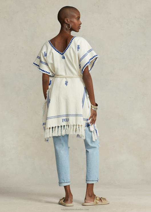 poncho estilo tabardo tejido con borlas mujer crema/azul Ralph Lauren 2XR2V5470