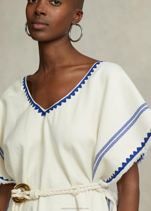 poncho estilo tabardo tejido con borlas mujer crema/azul Ralph Lauren 2XR2V5470