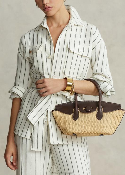 satchel bellport mediano de piel y paja mujer natural Ralph Lauren 2XR2V5229