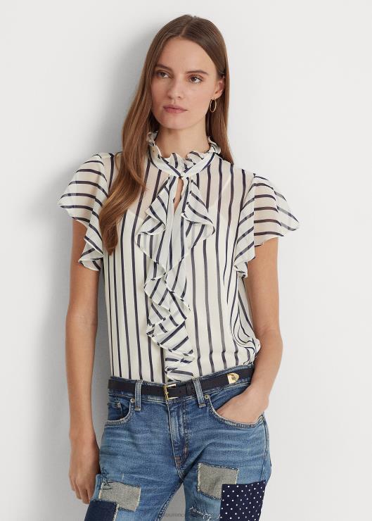 blusa de chifón a rayas con ribete de volantes mujer crema pergamino/azul marino Ralph Lauren 2XR2V3993