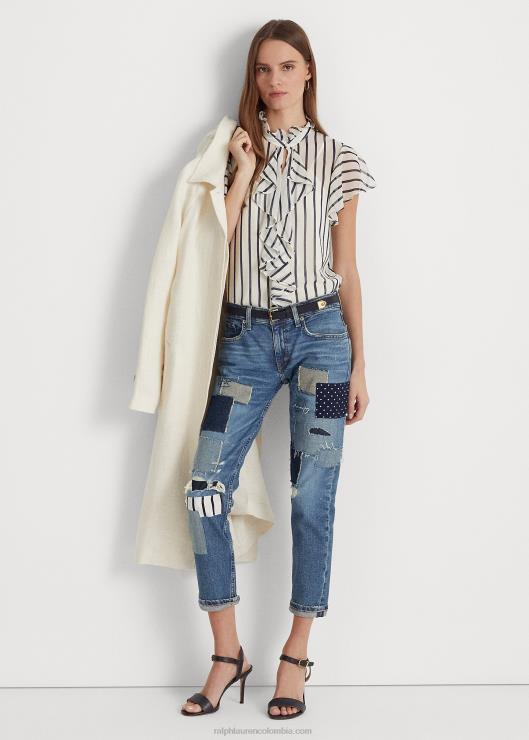 blusa de chifón a rayas con ribete de volantes mujer crema pergamino/azul marino Ralph Lauren 2XR2V3993