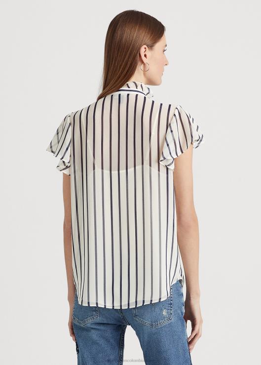 blusa de chifón a rayas con ribete de volantes mujer crema pergamino/azul marino Ralph Lauren 2XR2V3993