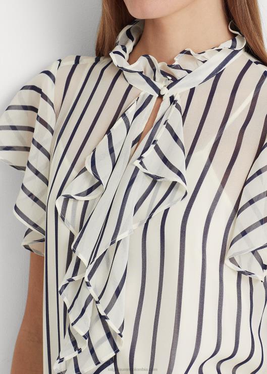 blusa de chifón a rayas con ribete de volantes mujer crema pergamino/azul marino Ralph Lauren 2XR2V3993