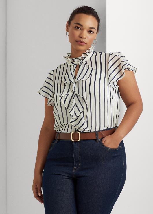 blusa de chifón a rayas con ribete de volantes mujer crema pergamino/azul marino Ralph Lauren 2XR2V4655