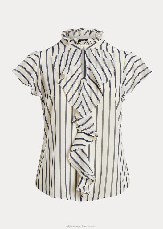 blusa de chifón a rayas con ribete de volantes mujer crema pergamino/azul marino Ralph Lauren 2XR2V4655