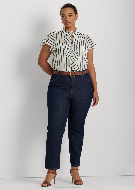 blusa de chifón a rayas con ribete de volantes mujer crema pergamino/azul marino Ralph Lauren 2XR2V4655