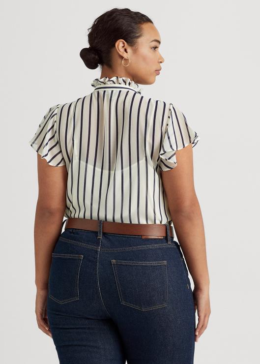 blusa de chifón a rayas con ribete de volantes mujer crema pergamino/azul marino Ralph Lauren 2XR2V4655