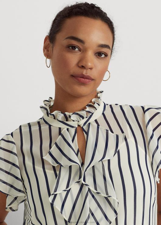 blusa de chifón a rayas con ribete de volantes mujer crema pergamino/azul marino Ralph Lauren 2XR2V4655