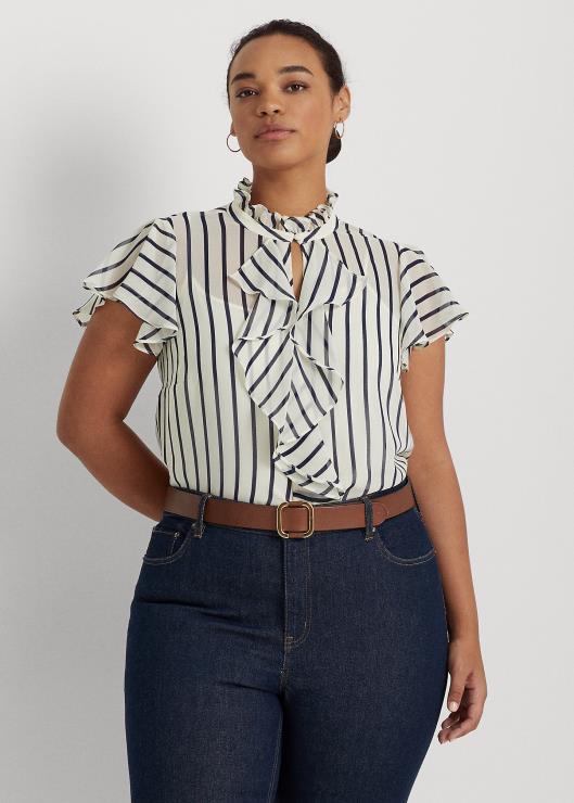 blusa de chifón a rayas con ribete de volantes mujer crema pergamino/azul marino Ralph Lauren 2XR2V4655