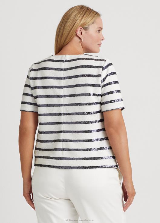 blusa de manga corta a rayas con lentejuelas mujer blanco/azul marino refinado Ralph Lauren 2XR2V4798