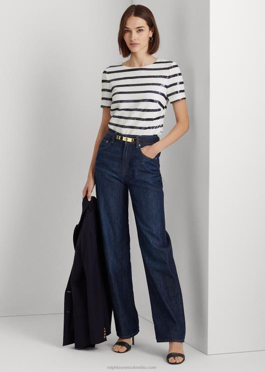 blusa de manga corta a rayas con lentejuelas mujer blanco/azul marino refinado Ralph Lauren 2XR2V9551
