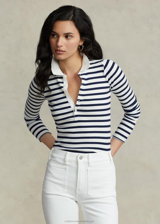 playera tipo polo a rayas de canalé mujer azul marino refinado/blanco Ralph Lauren 2XR2V3074