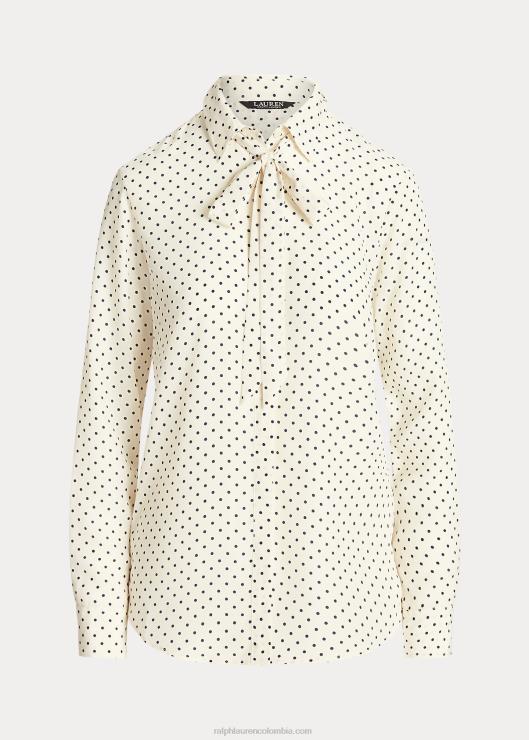 camisa de crepé con lazo en el cuello y lunares mujer crema pergamino/azul marino Ralph Lauren 2XR2V4063