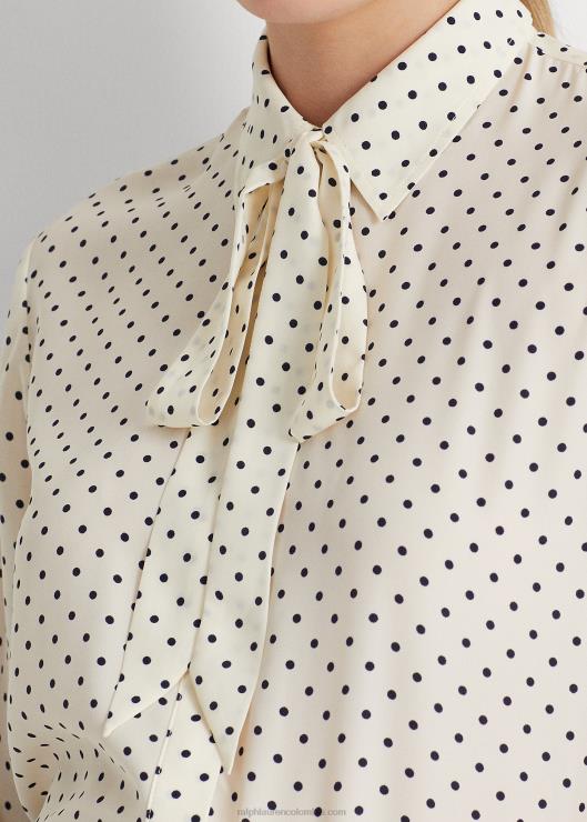 camisa de crepé con lazo en el cuello y lunares mujer crema pergamino/azul marino Ralph Lauren 2XR2V4063
