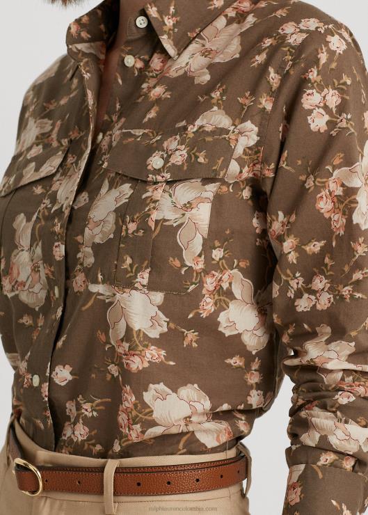 camisa de gasa de algodón floral mujer gris pardo/crema/rosa Ralph Lauren 2XR2V3786